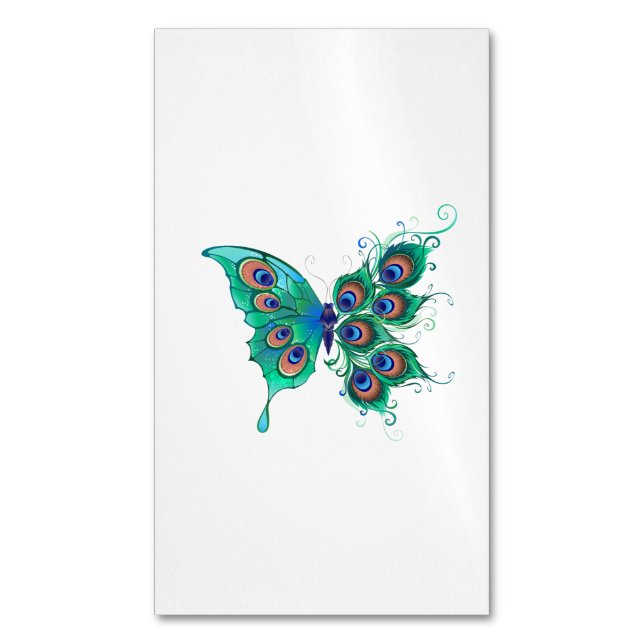 Butterfly with Green Peacock Feathers Magnetic Business Card (Front Vertical)