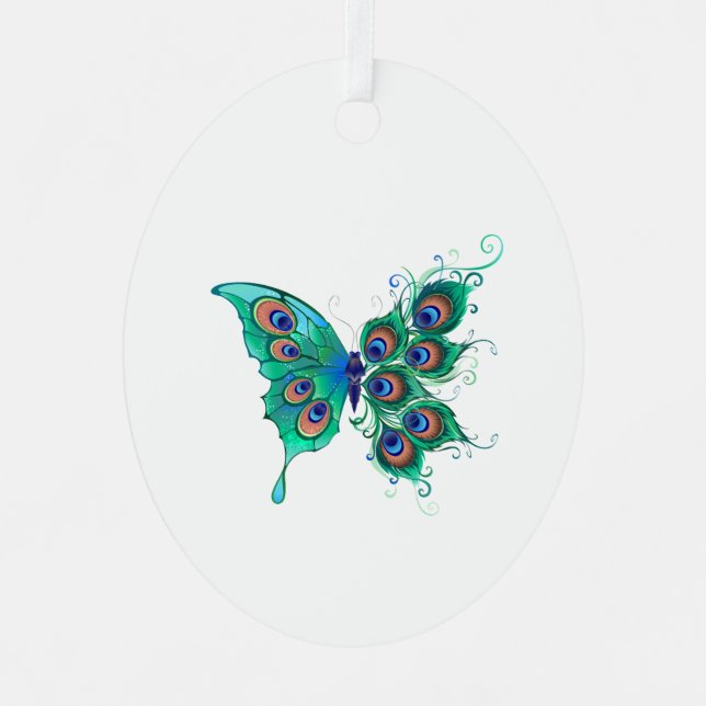 Butterfly with Green Peacock Feathers Metal Ornament (Front)