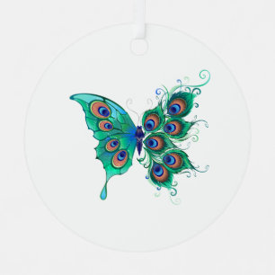 Butterfly with Green Peacock Feathers Metal Ornament