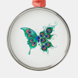 Butterfly with Green Peacock Feathers Metal Ornament