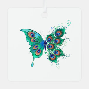 Butterfly with Green Peacock Feathers Metal Ornament