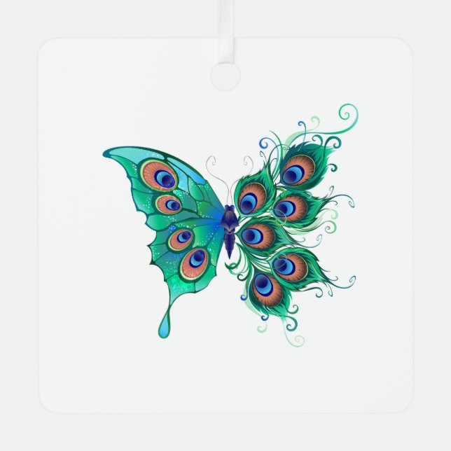 Butterfly with Green Peacock Feathers Metal Ornament (Front)