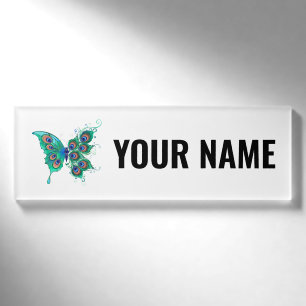 Butterfly with Green Peacock Feathers Name Tag