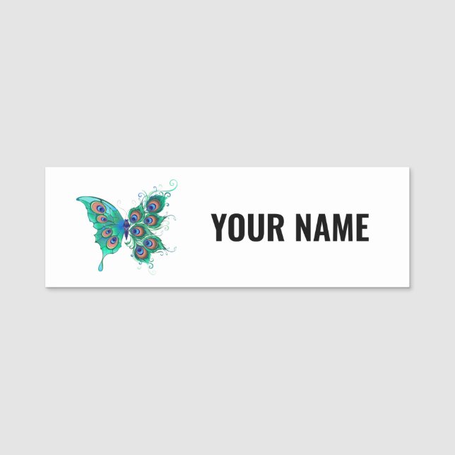 Butterfly with Green Peacock Feathers Name Tag (Front)