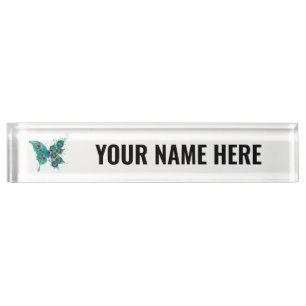 Butterfly with Green Peacock Feathers Nameplate