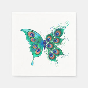 Butterfly with Green Peacock Feathers Napkin