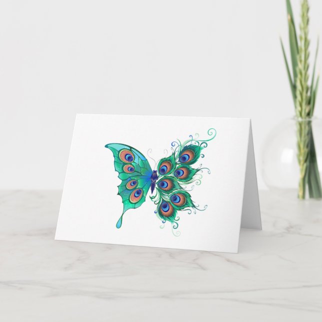 Butterfly with Green Peacock Feathers Note Card (Front)