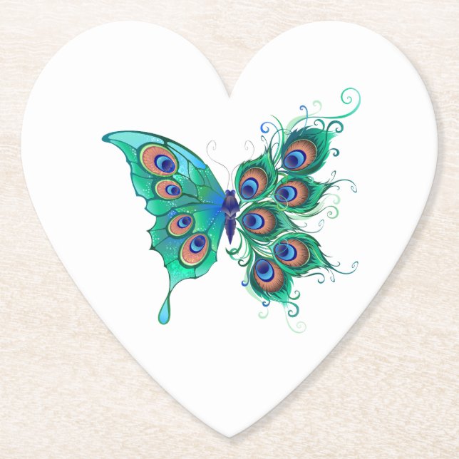 Butterfly with Green Peacock Feathers Paper Coaster (Front)