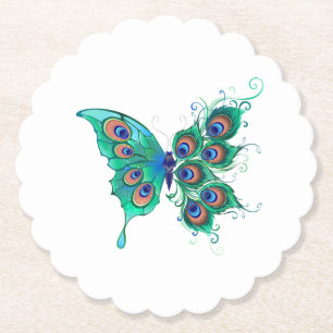 Butterfly with Green Peacock Feathers Paper Coaster