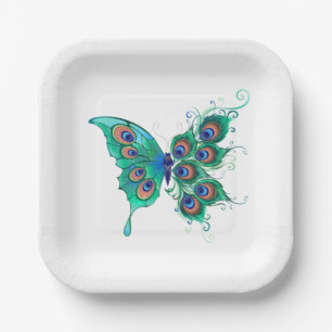 Butterfly with Green Peacock Feathers Paper Plate