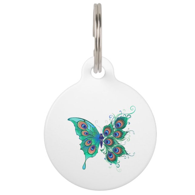 Butterfly with Green Peacock Feathers Pet Tag (Front)