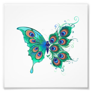 Butterfly with Green Peacock Feathers Photo Print