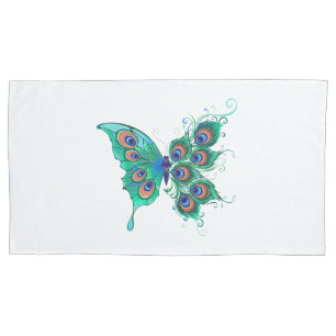 Butterfly with Green Peacock Feathers Pillowcase
