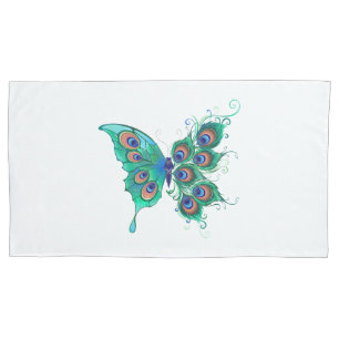 Butterfly with Green Peacock Feathers Pillowcase