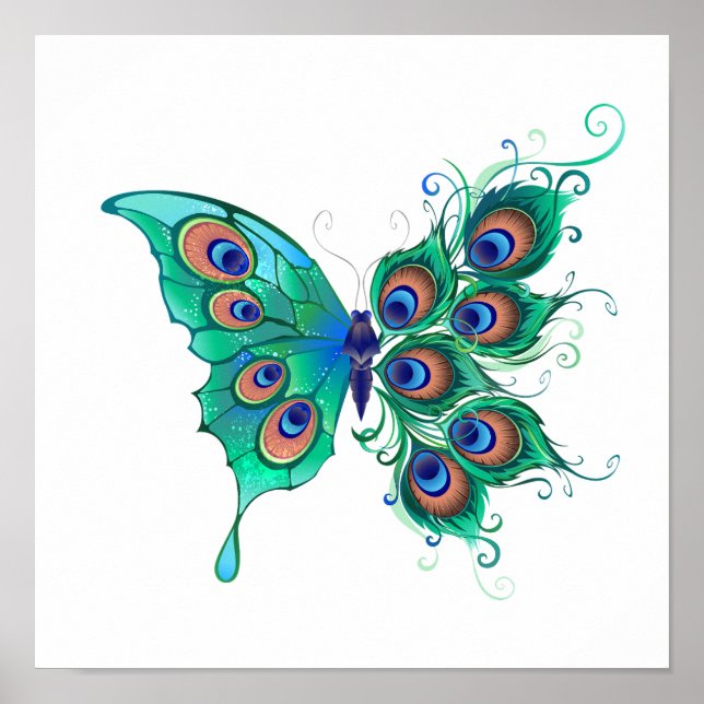 Butterfly with Green Peacock Feathers Poster (Front)