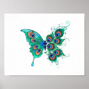 Butterfly with Green Peacock Feathers Poster