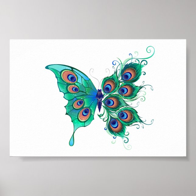 Butterfly with Green Peacock Feathers Poster (Front)