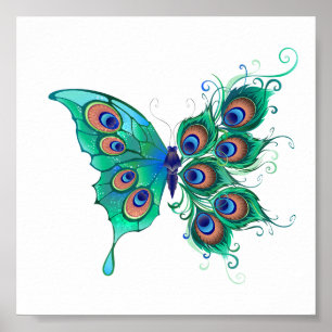 Butterfly with Green Peacock Feathers Poster