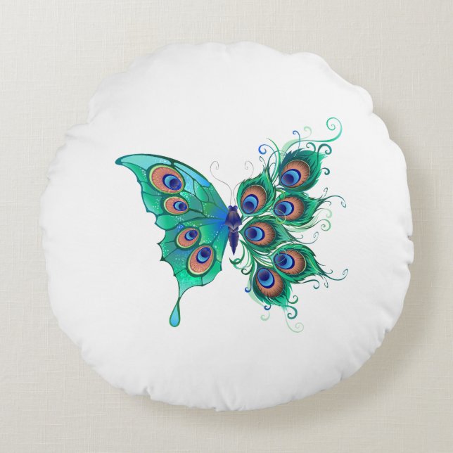 Butterfly with Green Peacock Feathers Round Pillow (Front)
