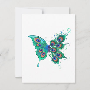 Butterfly with Green Peacock Feathers RSVP Card