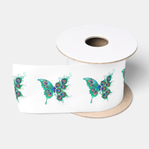 Butterfly with Green Peacock Feathers Satin Ribbon