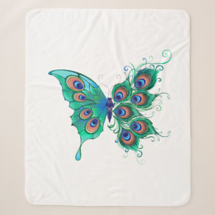 Butterfly with Green Peacock Feathers Sherpa Blanket