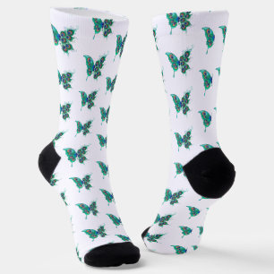 Butterfly with Green Peacock Feathers Socks