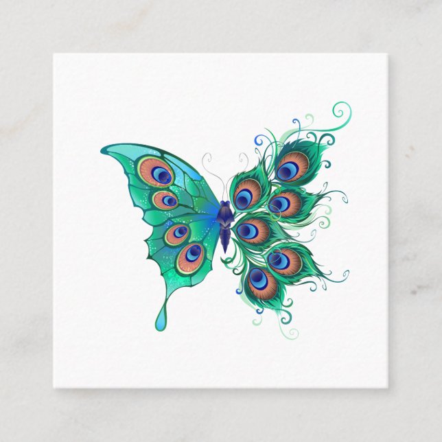 Butterfly with Green Peacock Feathers Square Business Card (Front)