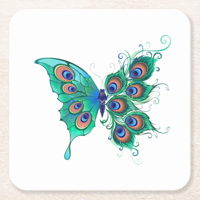 Butterfly with Green Peacock Feathers Square Paper Coaster (Front)