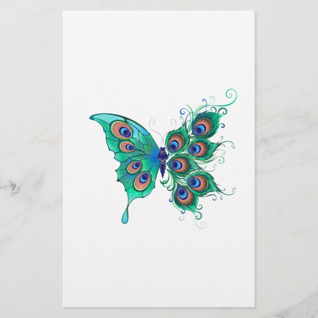 Butterfly with Green Peacock Feathers Stationery (Front)