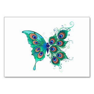 Butterfly with Green Peacock Feathers Table Number