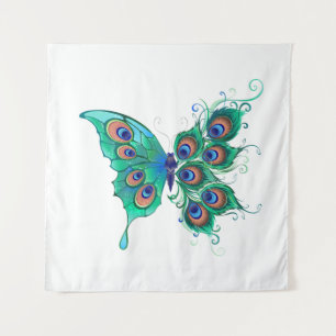 Butterfly with Green Peacock Feathers Tapestry