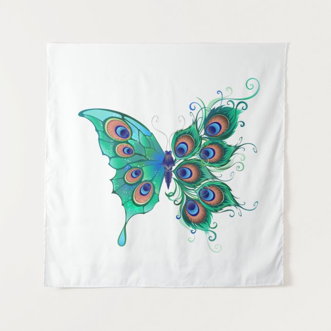 Butterfly with Green Peacock Feathers Tapestry (Front)