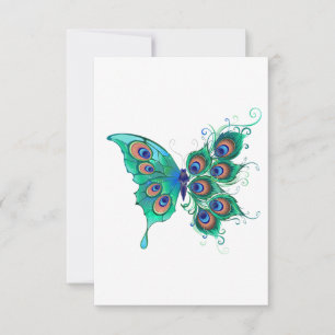 Butterfly with Green Peacock Feathers Thank You Card