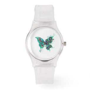 Butterfly with Green Peacock Feathers Watch
