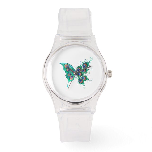 Butterfly with Green Peacock Feathers Watch (Front)