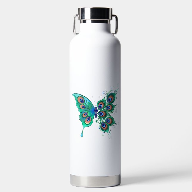 Butterfly with Green Peacock Feathers Water Bottle (Front)