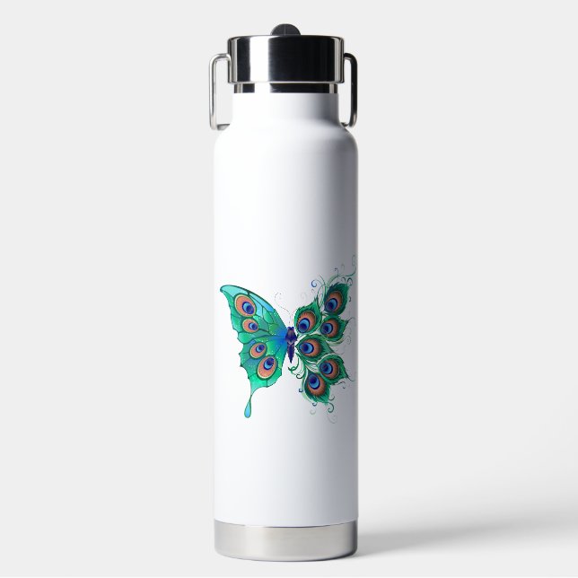 Butterfly with Green Peacock Feathers Water Bottle (Front)