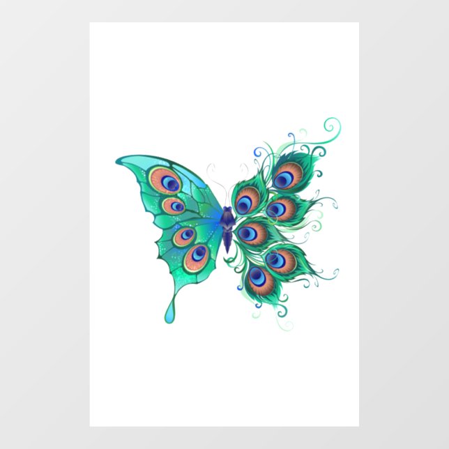 Butterfly with Green Peacock Feathers Window Cling (Sheet)