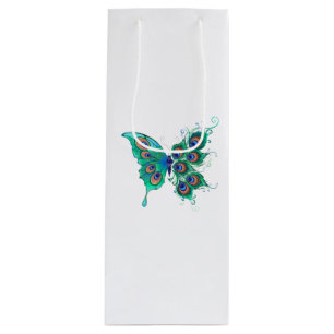 Butterfly with Green Peacock Feathers Wine Gift Bag