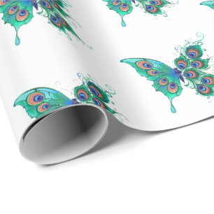 Butterfly with Green Peacock Feathers Wrapping Paper
