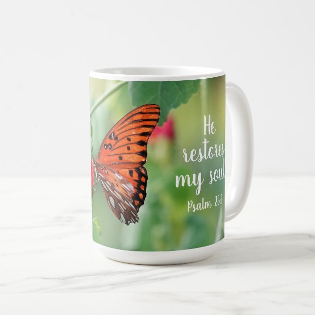 Butterfly with Psalm verse 23:3 Coffee Mug (Front Right)