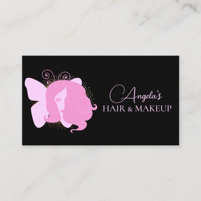 Butterfly Woman Makeup Salon Pink Black  Script   Business Card (Front)
