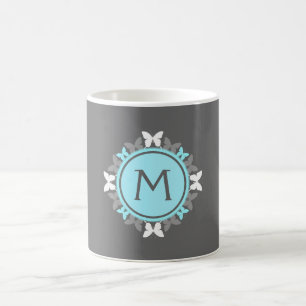 Butterfly Wreath Monogram White Ice Blue Grey Coffee Mug