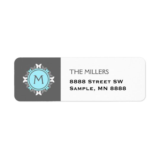 Butterfly Wreath Monogram White Ice Blue Grey Return Address Label