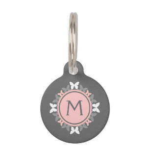 Butterfly Wreath Monogram White Rose Pink Grey Pet Tag