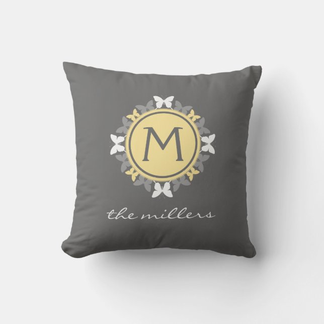 Butterfly Wreath Monogram White Yellow Grey Throw Pillow (Front)