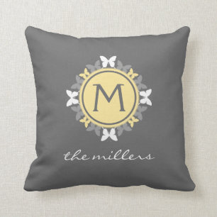 Butterfly Wreath Monogram White Yellow Grey Throw Pillow