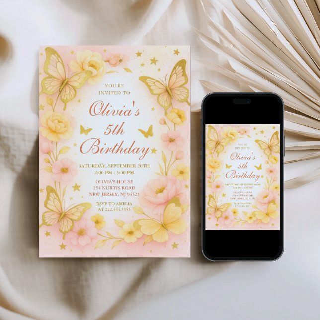 Butterfly Yellow and Pink Birthday Invitation (Creator Uploaded)