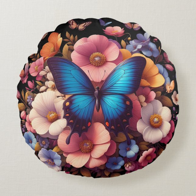 Butterflys and flowers pattern round pillow (Front)